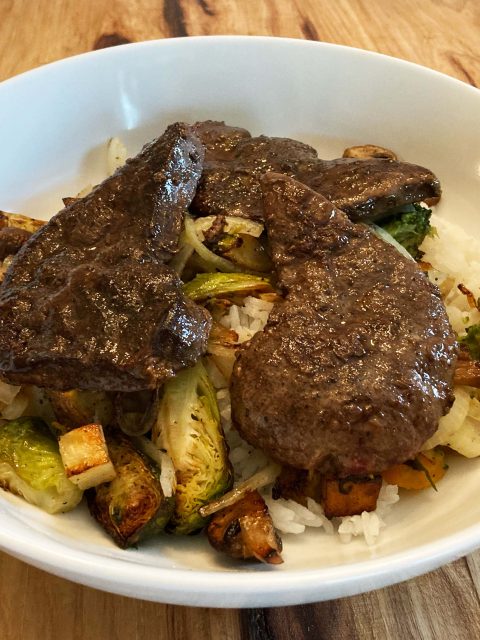 Venison Liver with Rice and Roasted Vegetables